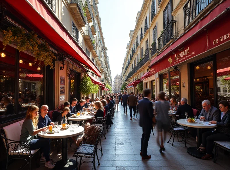 A bustling Madrid street scene with people enjoying outdoor dining at various restaurants.