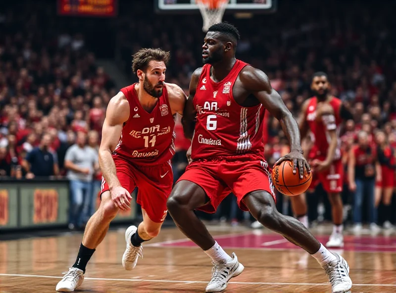 Basketball players in a heated EuroLeague match between Real Madrid and FC Barcelona. Players are intensely focused on the ball during a crucial play.