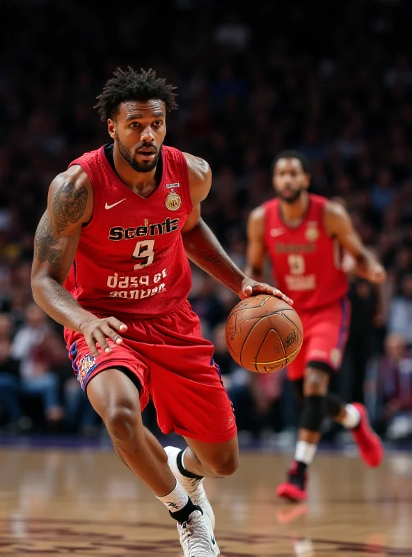 Close-up action shot of a Real Madrid player dribbling the ball aggressively during the EuroLeague match against FC Barcelona, with a defender closely guarding him.