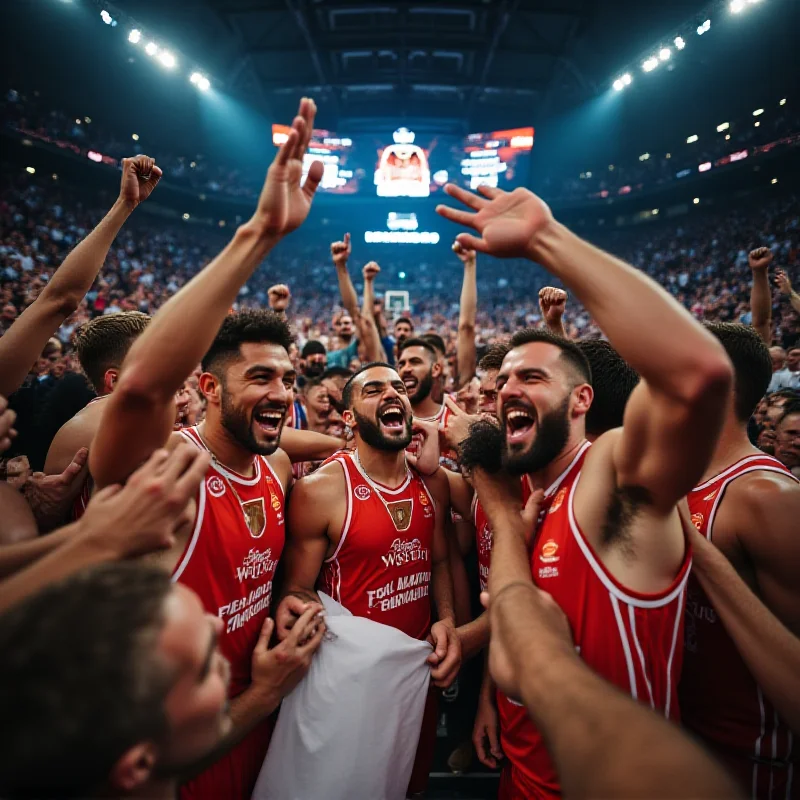 Wide shot of the basketball court as the final buzzer sounds, with Real Madrid players celebrating their victory over FC Barcelona in the EuroLeague match.