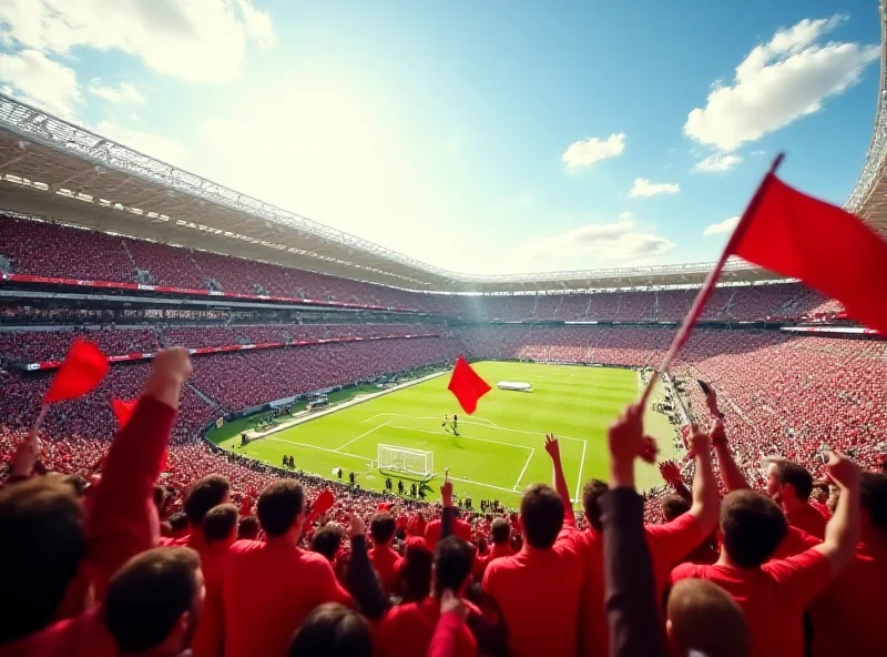 A packed football stadium with fans cheering and waving flags