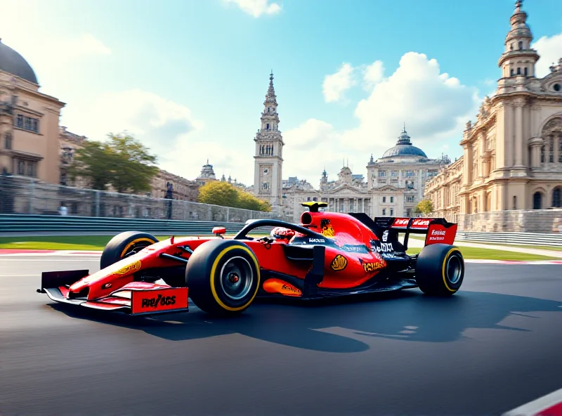 Image of a Formula 1 race car speeding down a track in Madrid.