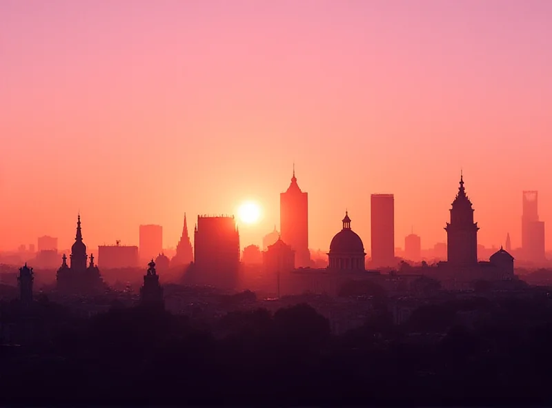 Image of the Madrid skyline at sunset.