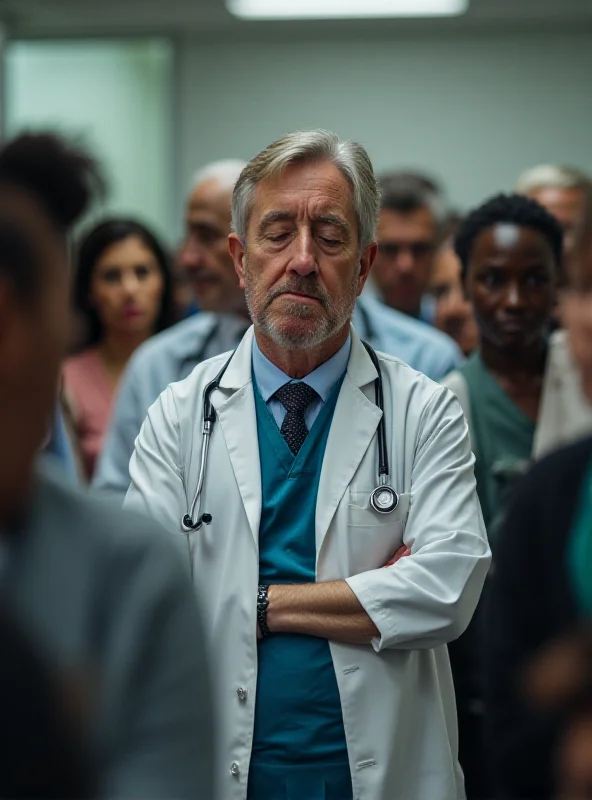 Image of a stressed doctor surrounded by patients