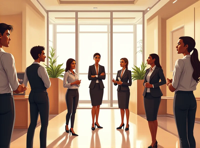 Illustration of a modern hotel lobby with diverse staff, including female staff in potentially controversial uniforms, and union representatives meeting with hotel management to discuss uniform policy changes.