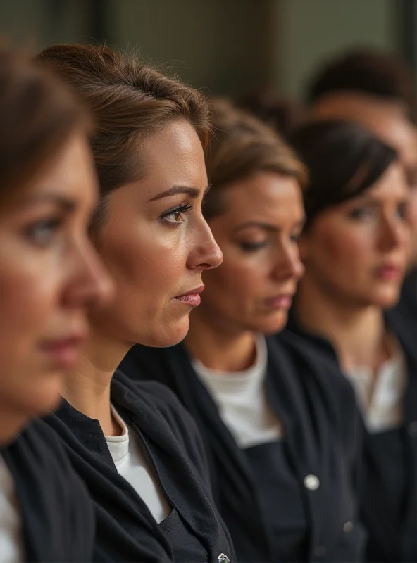 A close up image of a diverse group of hotel employees, focusing on their faces showing expressions of concern and discomfort, hinting at the issues surrounding the current uniform policy.