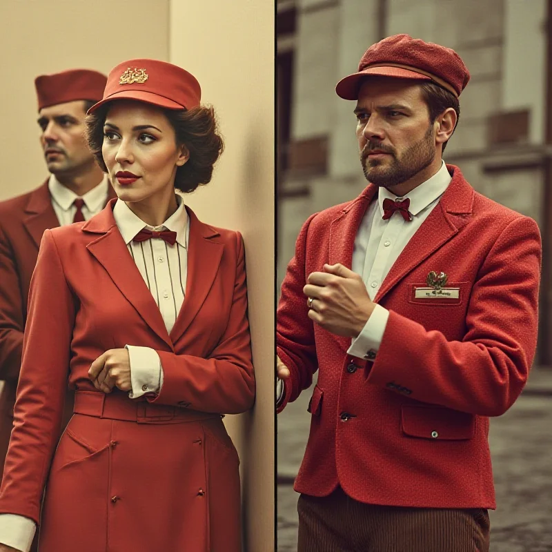 A split-screen image. On one side, a historical photo of hotel staff in traditional uniforms. On the other side, a modern depiction of staff in the controversial uniforms, highlighting the contrast and potential issues.