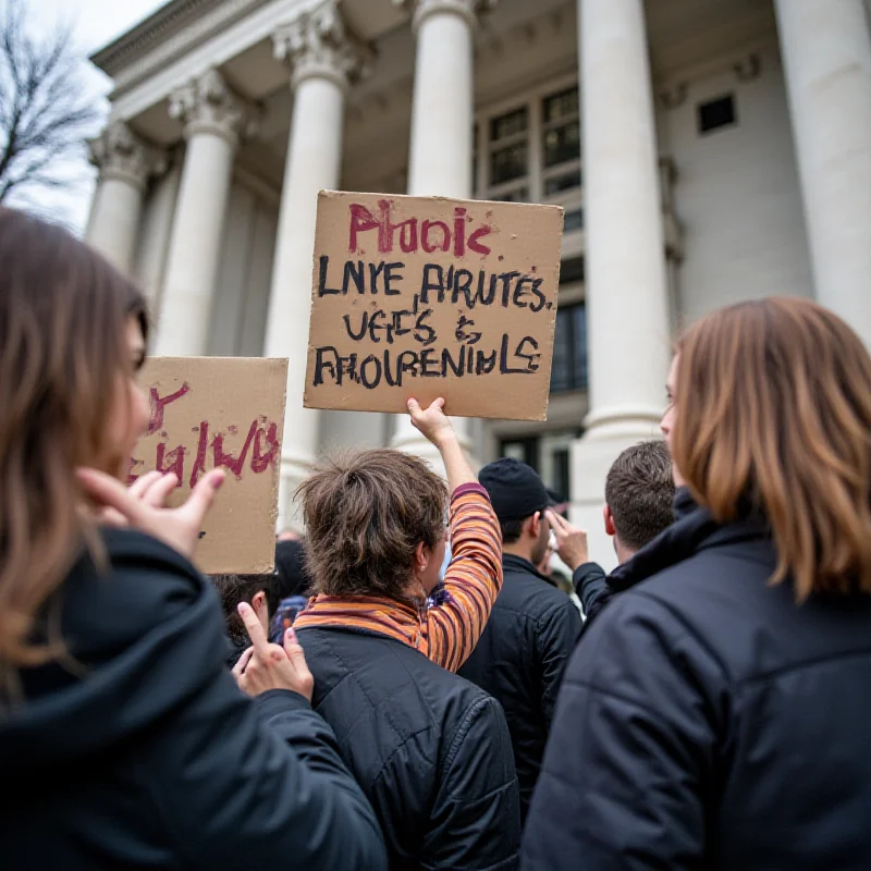 A concerned citizen holding a sign that says 'Justice for Marta' during a protest. Other protesters are visible in the background.