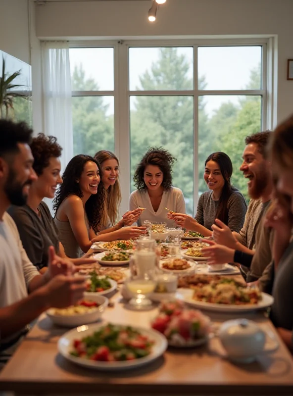 A group of diverse people living together in a modern apartment, laughing and sharing a meal.