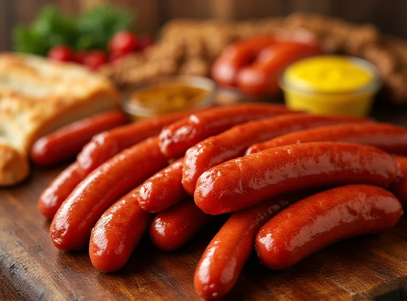 Close-up of a variety of Swedish sausages on a wooden board, with artisanal bread and colorful sauces in the background.