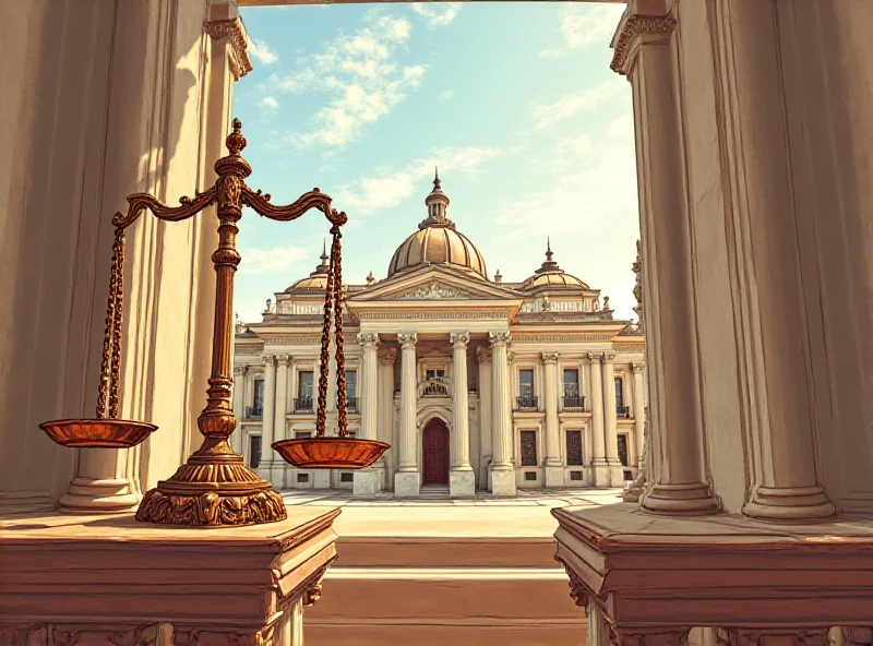 Illustration of a courtroom with scales of justice in the foreground and the Madrid City Council building in the background, suggesting a trial involving the council.