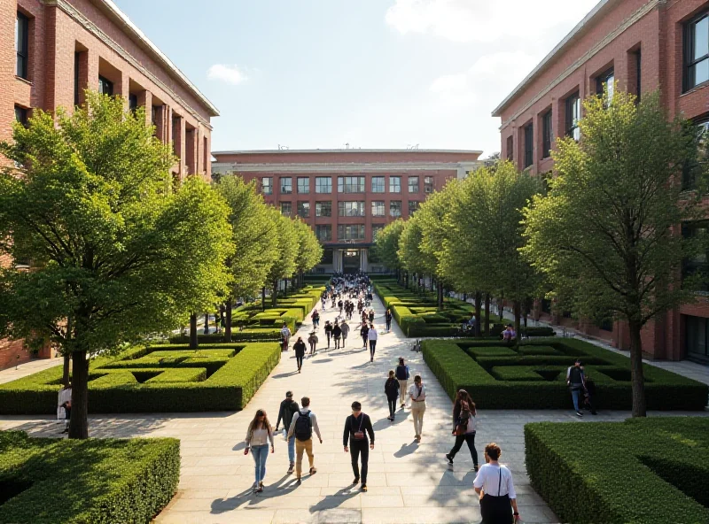 A panoramic view of a large university campus in Madrid, Spain, with students walking between buildings and green spaces. The scene conveys a sense of academic activity and institutional size.