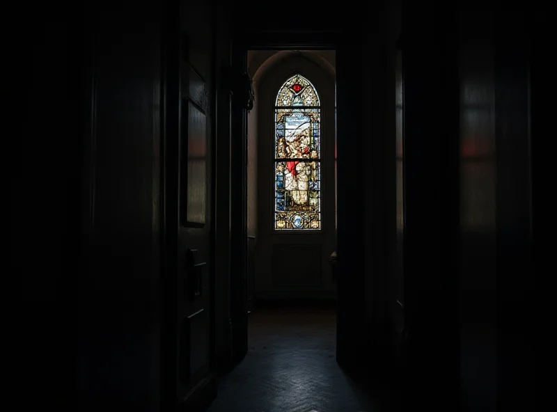 A somber image of a closed church door with a stained-glass window depicting a biblical scene in the background, creating a sense of secrecy and solemnity.