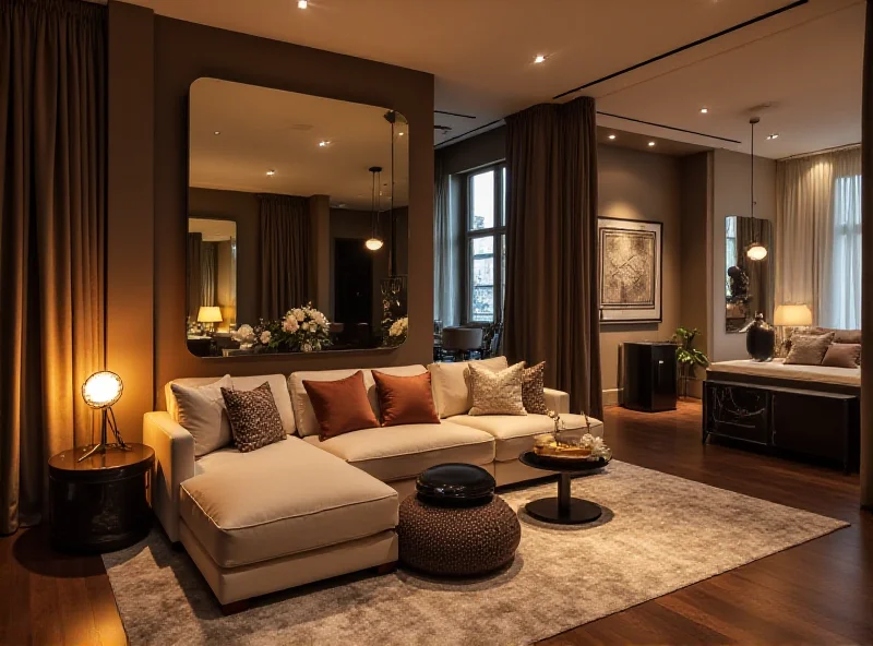 Modern, luxurious apartment interior with a shared living space and multiple bedrooms visible, conveying a sense of high-end shared living in Madrid.