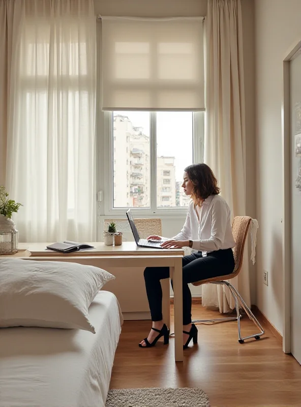 A young professional sitting at a desk in a modern, minimalist bedroom within a luxury shared apartment in Madrid. The room is well-lit and features high-end furnishings, emphasizing the premium living experience.