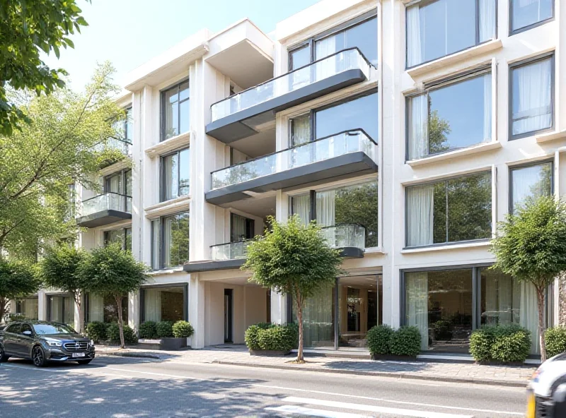 Exterior view of a modern apartment building in a upscale neighborhood in Madrid, Spain. The building has large windows and balconies, suggesting a luxurious and contemporary living environment. The sky is bright and sunny.