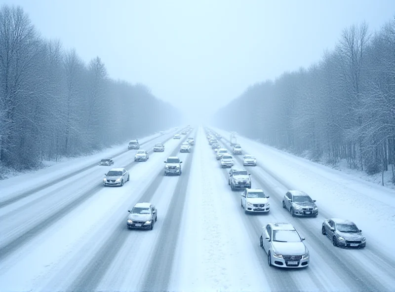 A snow-covered highway with cars stranded in heavy snow, with trees lining the road and a grey, overcast sky.