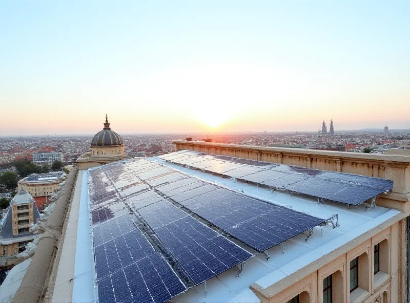 The rooftop of the Teatro Real in Madrid, showcasing a photovoltaic installation with solar panels. The background features a panoramic view of the Madrid skyline under a sunny sky.