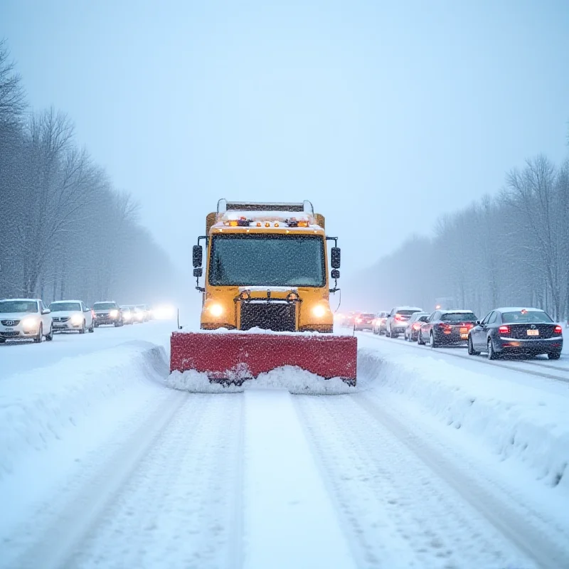 A snowplow clearing a highway with cars lined up behind it