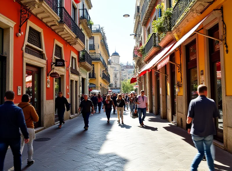 A vibrant street scene in Carabanchel, Madrid, with colorful buildings and people browsing local shops.