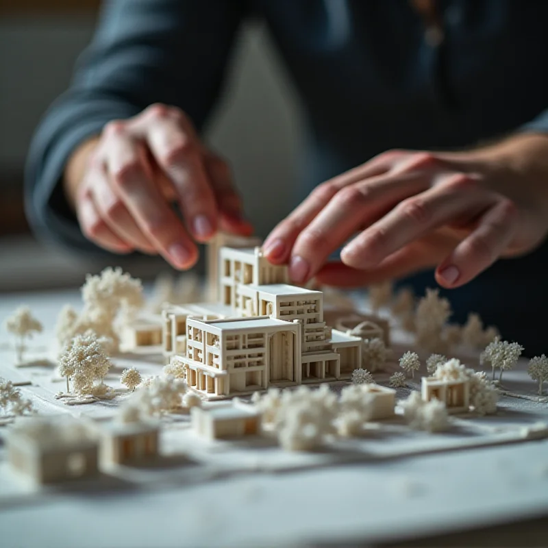 Close-up of a designer's hands working on a detailed architectural model in a studio in Carabanchel.