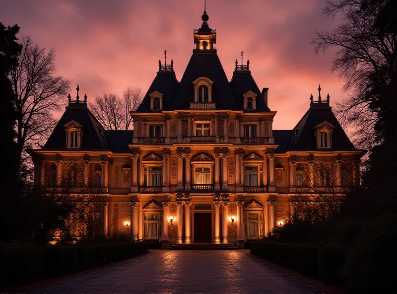 A grand, ornate palace with visible signs of age and a slightly eerie atmosphere.