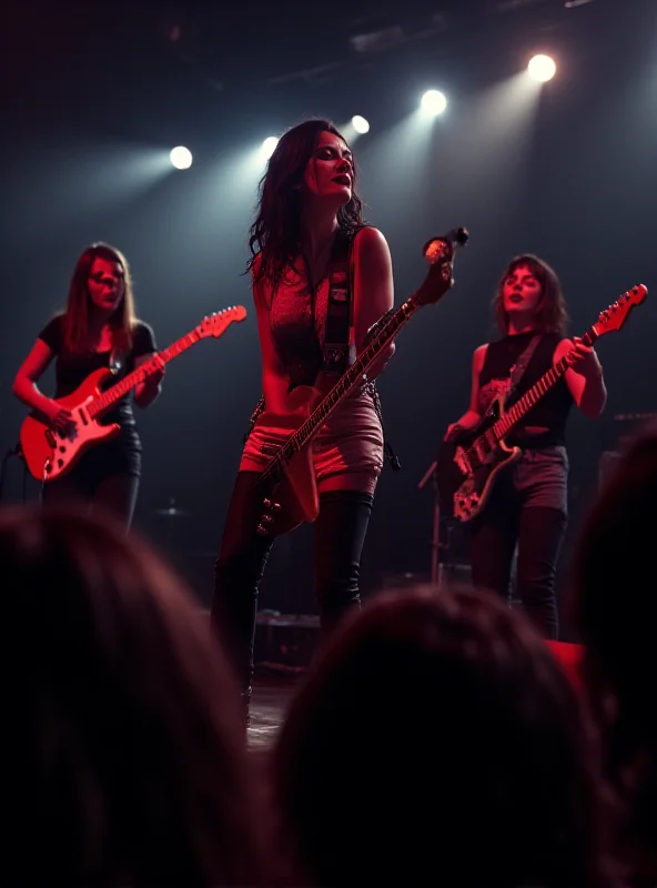 A band of three young women, Shego, performing on stage with energy and passion.