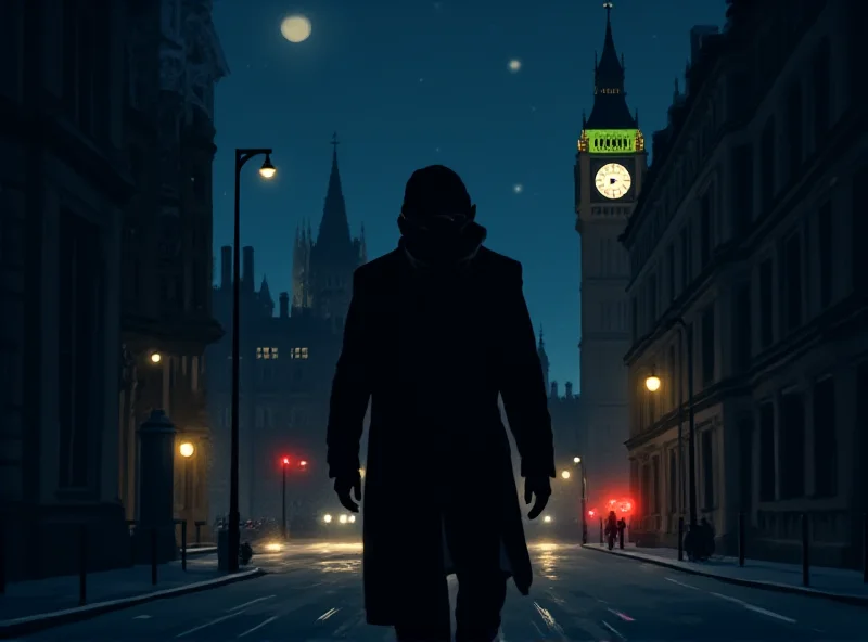 Illustration of a shadowy figure walking down a London street with iconic landmarks in the background, suggesting a wanted individual in a foreign land.