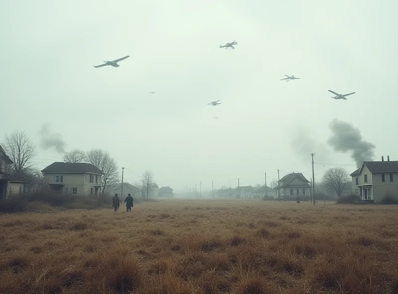 A dramatic depiction of a South Korean town under a cloudy sky, with several bomb craters visible in a field near houses. Smoke is rising from some of the craters, and people are running away in panic. Military aircraft are faintly visible in the sky above.