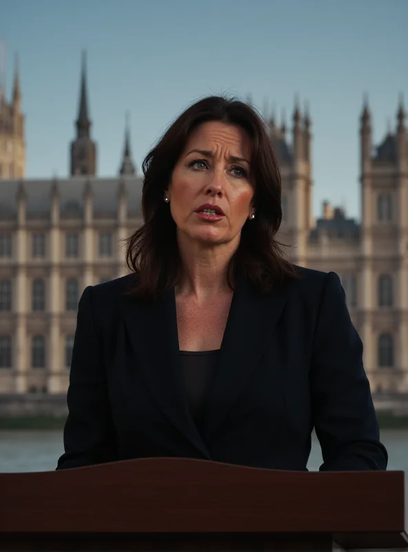 A concerned Rachel Reeves stands at a podium addressing the press. The background shows a blurred image of the Houses of Parliament.