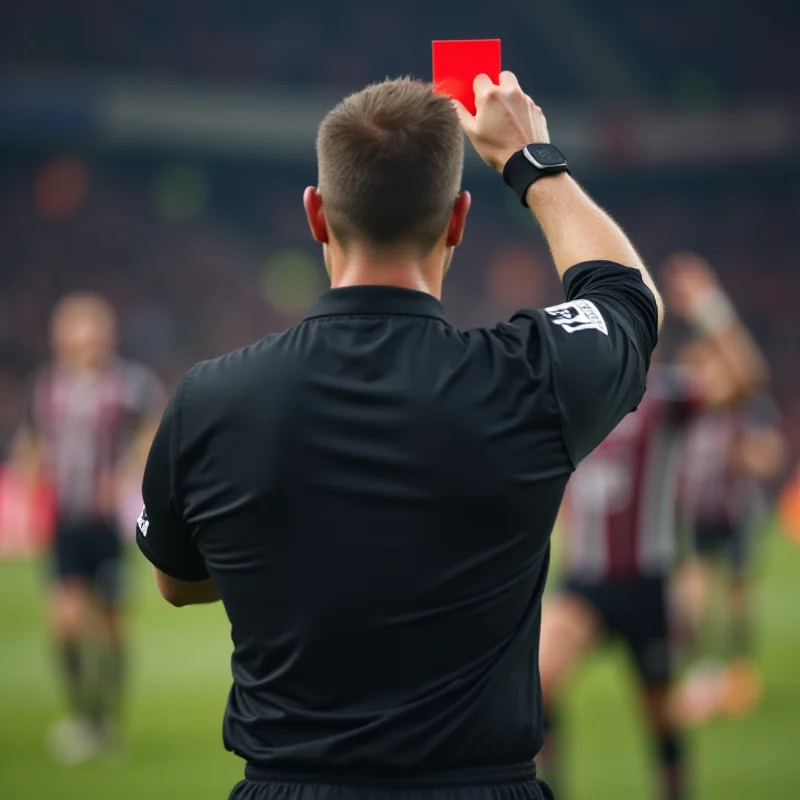 A football referee showing a red card to a player.