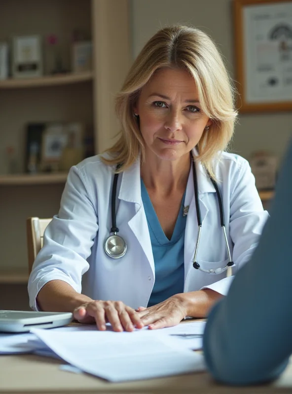 A doctor consulting with a patient at their desk.