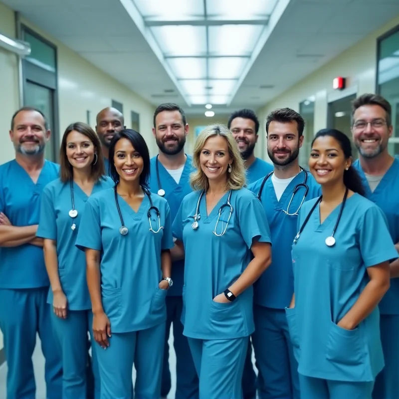 A diverse group of doctors and nurses standing together in a modern hospital setting.