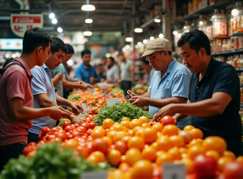 A bustling Malaysian market scene with vendors selling fresh produce and displaying price tags prominently. Inspectors are seen discreetly observing the transactions.