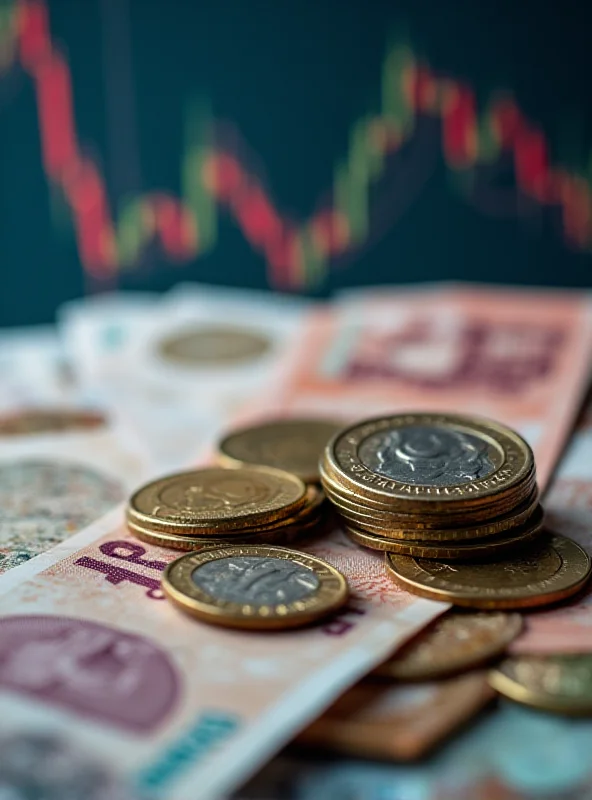 A close-up shot of Malaysian Ringgit banknotes and coins, with a subtle background of a financial chart showing an upward trend.