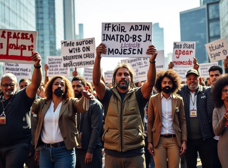 A group of diverse activists holding signs and banners during a 'Tesla Takedown' protest. The signs feature slogans about job security and fair labor practices.