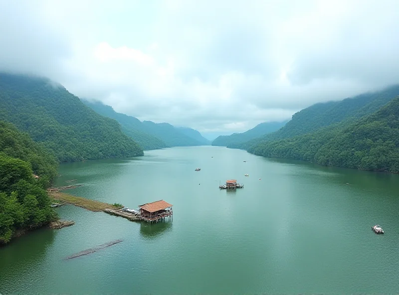 Panoramic view of Tasik Kenyir lake in Malaysia with raft houses dotted across the water