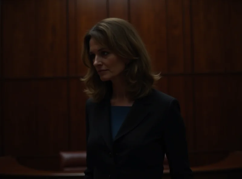 A woman standing in a courtroom, looking determined and speaking to her lawyer. The courtroom is grand and imposing, with dark wood paneling and high ceilings.