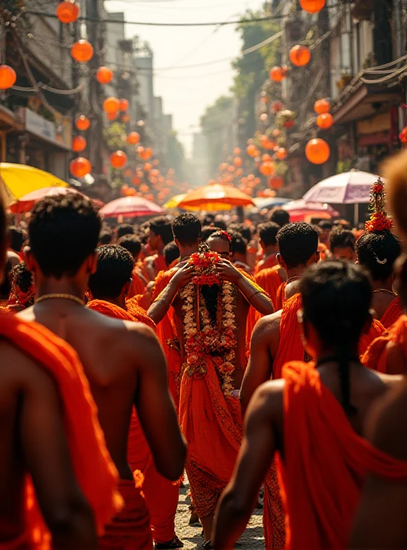 A crowded street scene during Thaipusam, with devotees carrying kavadis and participating in religious rituals. The atmosphere is vibrant and colorful.