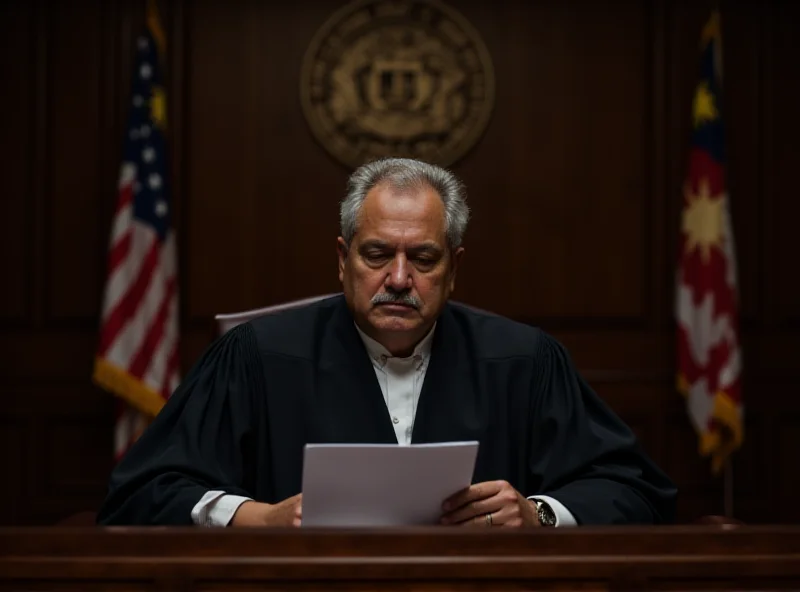 A judge wearing a traditional Malaysian robe, seated at a high bench in a courtroom. The judge has a serious expression and is reviewing documents.