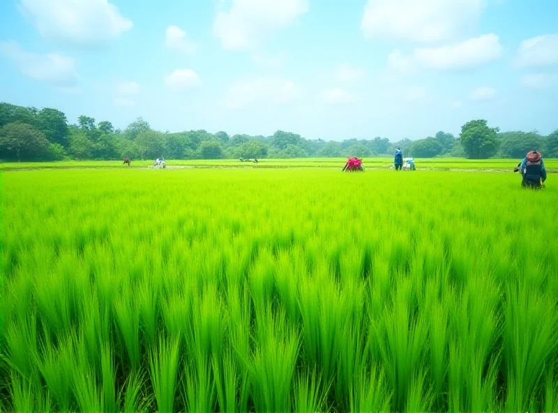 Lush green paddy fields in Johor, Malaysia, with farmers working in the distance.