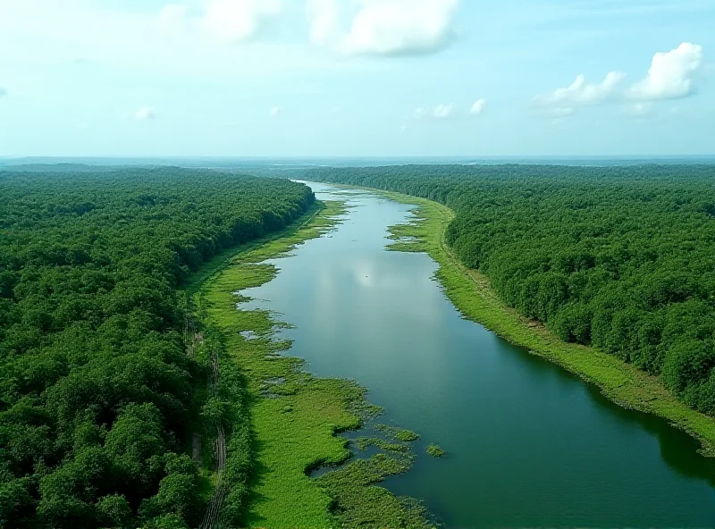 Aerial view of the Kemena River estuary in Bintulu, Sarawak. Lush green vegetation lines the riverbanks as it flows into the sea.