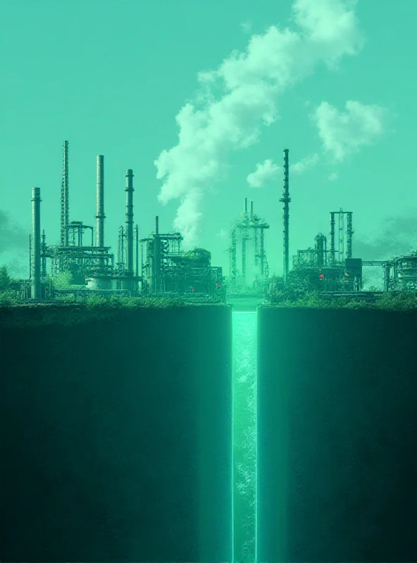 Conceptual image of carbon capture technology, showing industrial smokestacks with carbon dioxide being captured and stored underground.