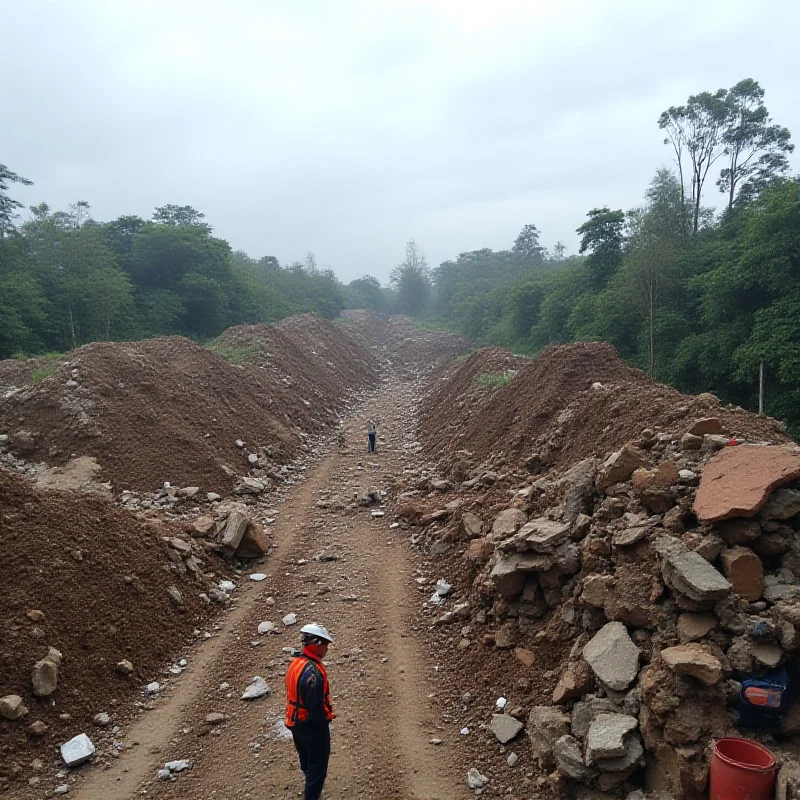 Construction site in Sarawak, with workers and heavy machinery visible. The project appears to be facing challenges, with some materials scattered around.