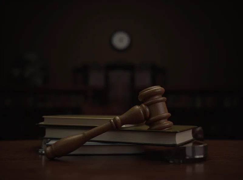 A gavel resting on a stack of law books in a dimly lit courtroom. The background is blurred to focus attention on the gavel and books.