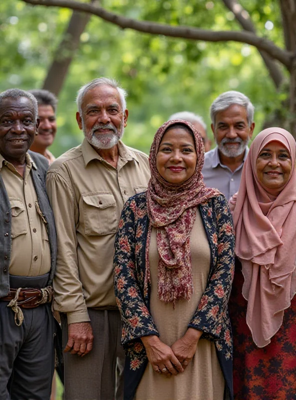 A diverse group of Malaysians standing together, representing different ethnic and religious backgrounds. They are smiling and appear to be in a public park, with trees and greenery in the background.
