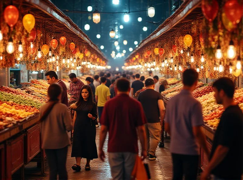 A bustling Ramadan bazaar in Kuala Lumpur with food stalls and shoppers.