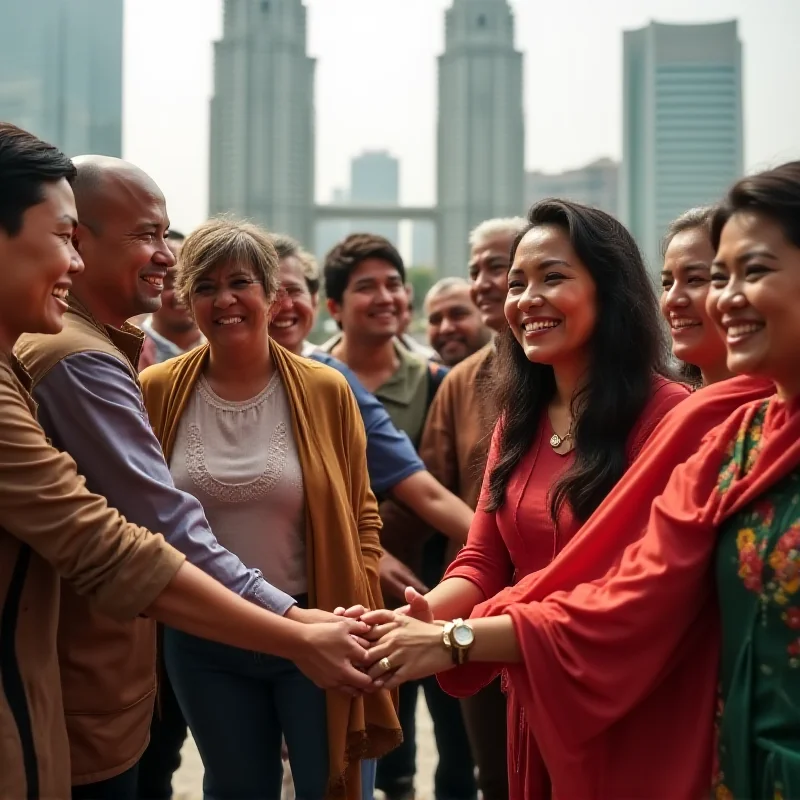 A diverse group of Malaysians from different ethnic backgrounds standing together in unity, symbolizing social harmony.