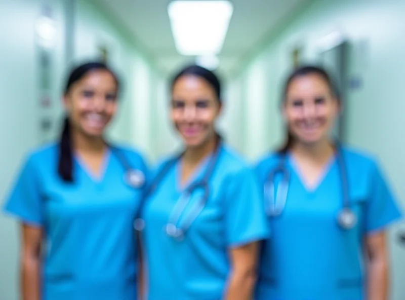 A group of nurses in scrubs standing in a hospital hallway, smiling.