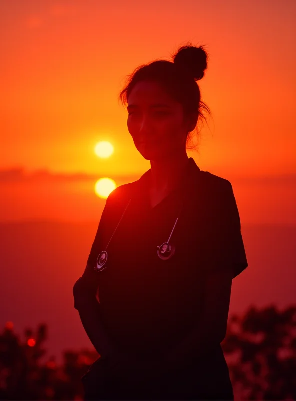 A silhouette of a nurse with a stethoscope against a sunset backdrop in Sarawak, Malaysia.